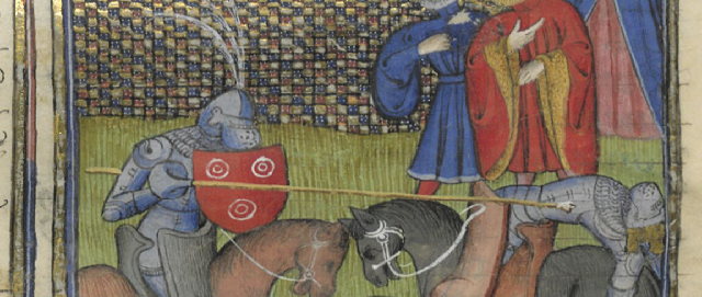 Image tirée du manuscrit Paris, Bibliothèque de l’Arsenal, 3477, folio 121, contenant une partie du Cycle de Guiron le Courtois
